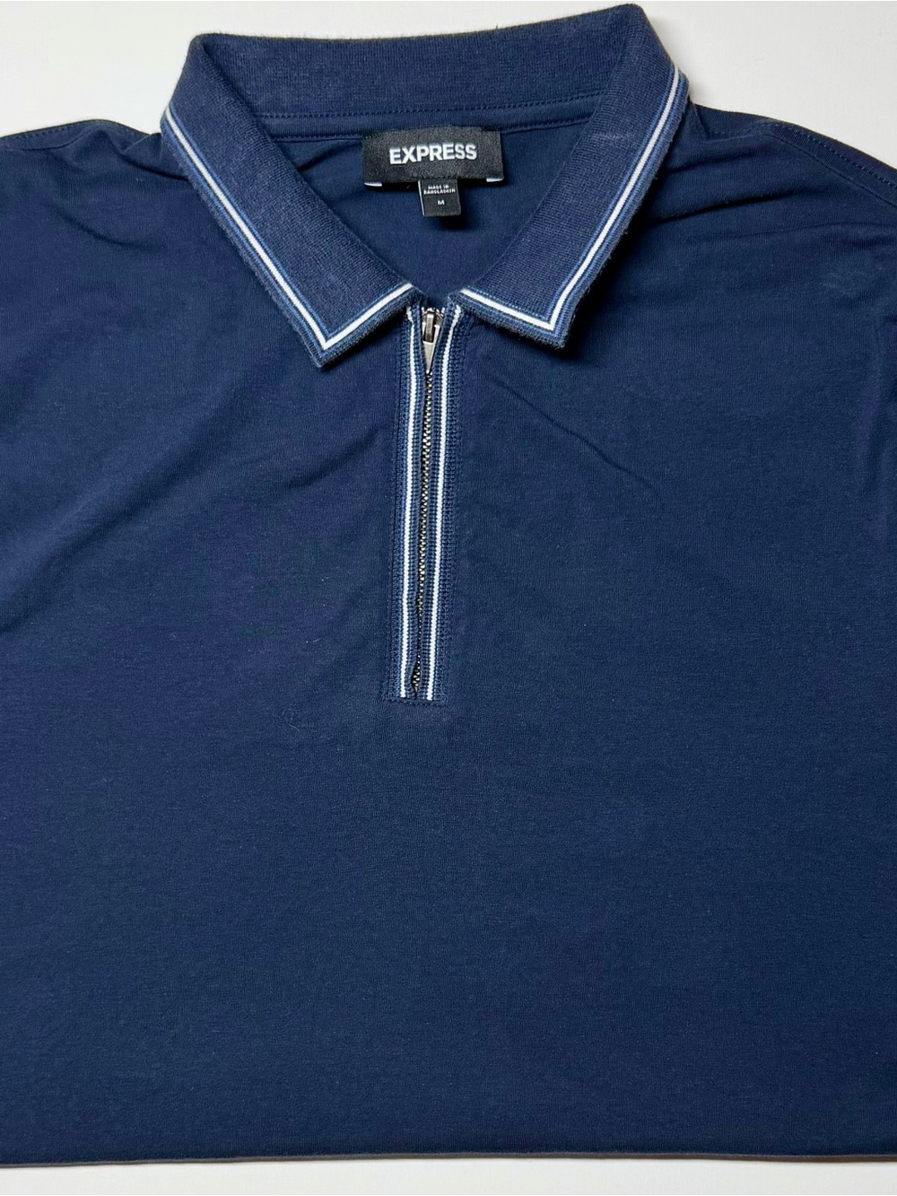 Express Navy Blue Zipper Polo Shirt Stripe Collar Men’s Medium